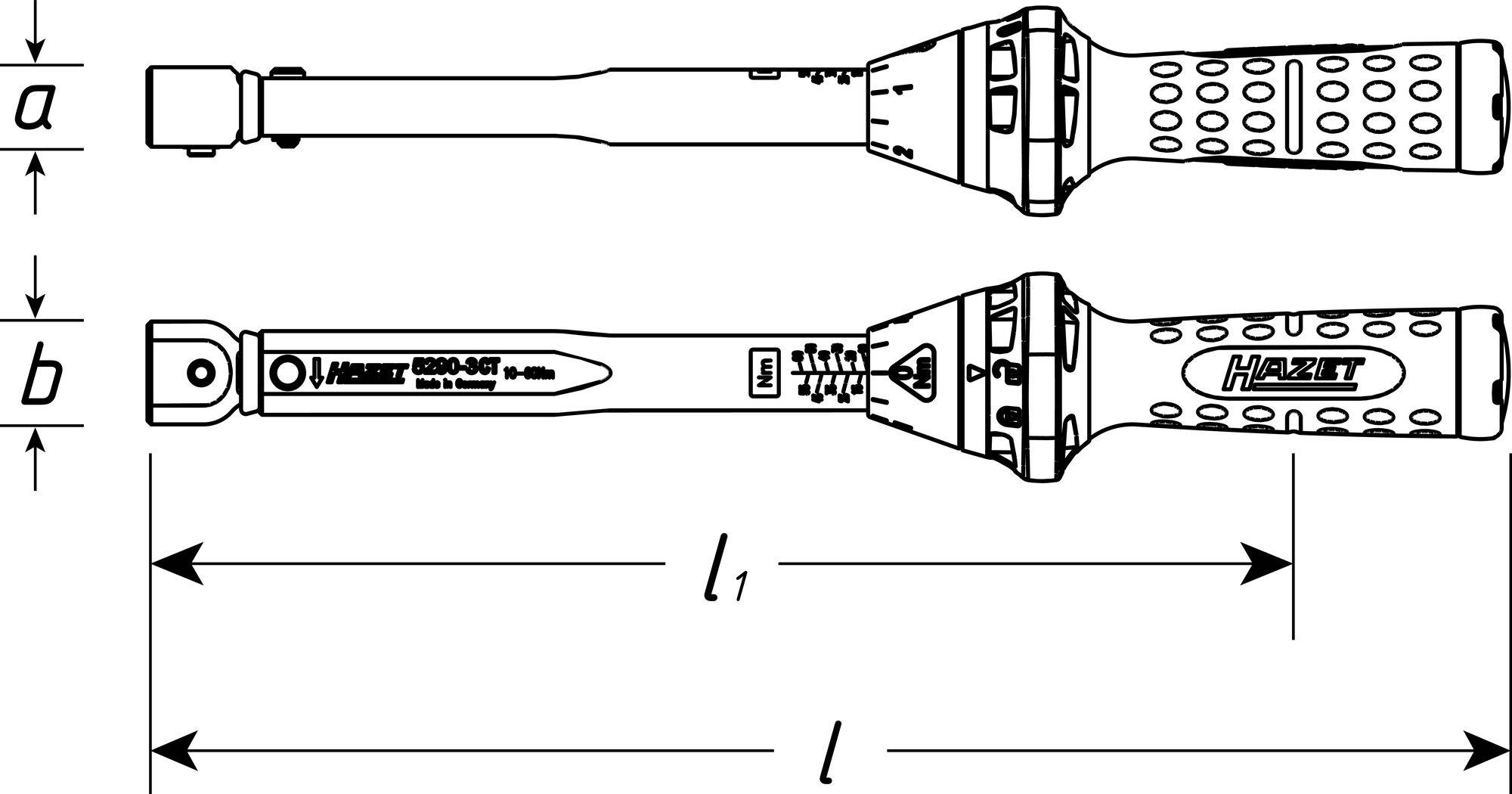 'Drehmomentschlüssel, Modell Hazet 6003-CT, mit Griff und Skala. Zwei Ansichten: seitlich und oberhalb. Maße a und b markiert.'