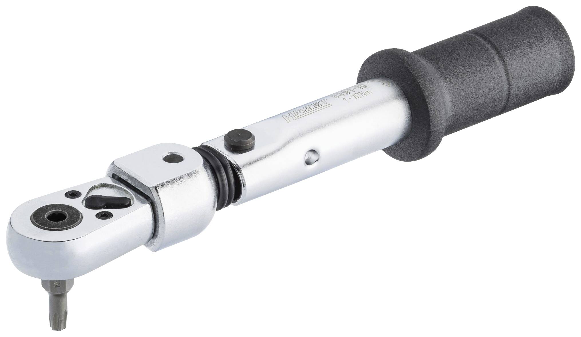 Ein silberner Drehmomentschlüssel mit schwarzem Griff, geeignet für präzises Anziehen von Schrauben in mechanischen Anwendungen.