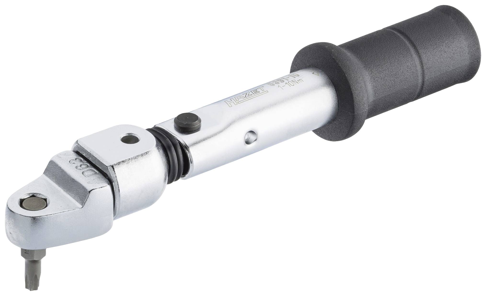 'Drehmomentschlüssel mit schwarzem Griff und Metallelementen, verwendet zum genauen Anziehen von Schrauben in mechanischen Anwendungen.'