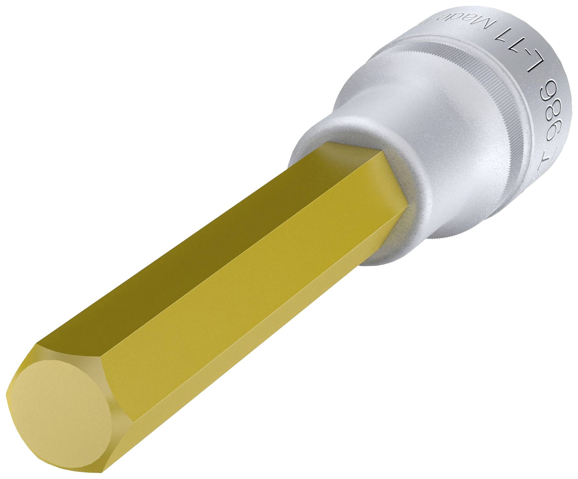 Ein sechseckiger Bit-Aufsatz aus Metall mit goldfarbener Spitze für Schraubarbeiten.