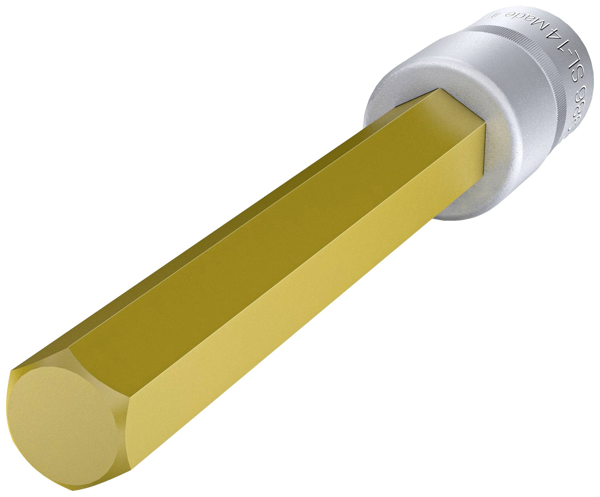 Ein sechseckiger, goldfarbener Schraubenschlüssel mit einer silbernen Griffkappe, dient zum Lösen und Festziehen von Schrauben.