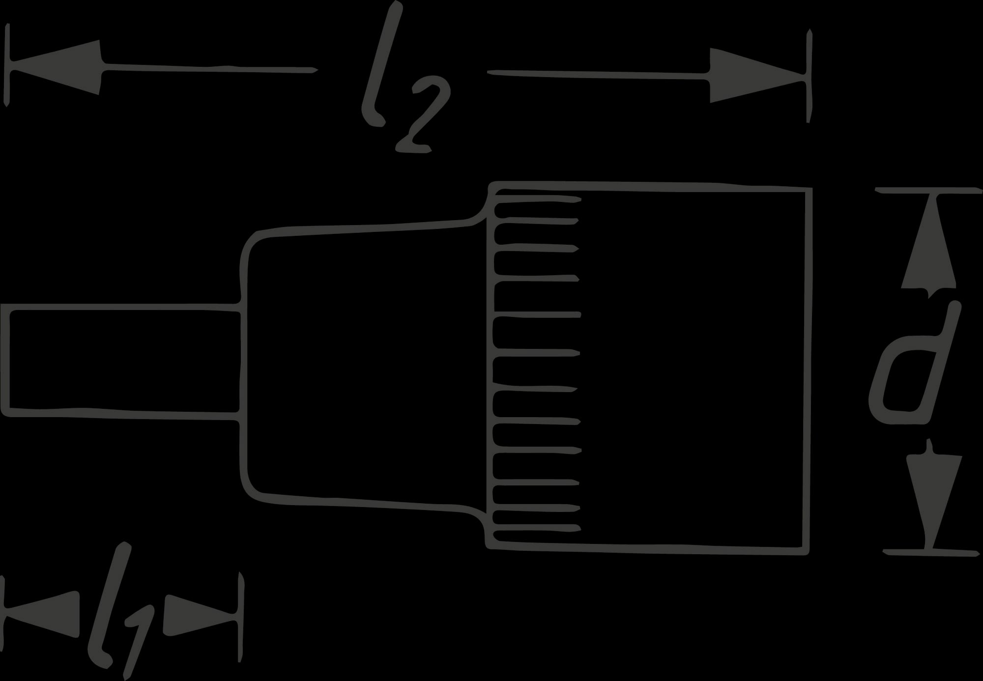 Diagramm zeigt einen zylindrischen Stecker mit Längen 'l1', 'l2' und Durchmesser 'd', die mit Pfeilen markiert sind.