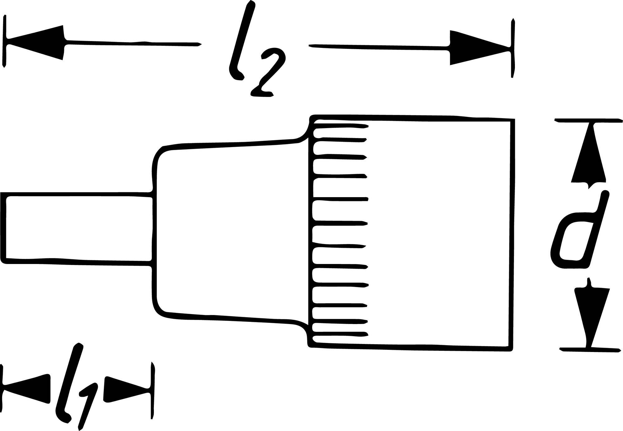 Technische Zeichnung einer zylinderförmigen Komponente mit verschiedenen Längenmaßen 'l1', 'l2' und einem Durchmesser 'd' dargestellt.