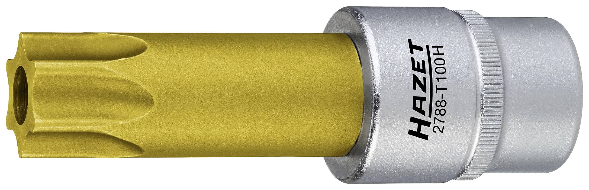 Ein silbernes Steckschlüsseleinsatz-Werkzeug mit goldener, spezialgeformter Spitze. Beschriftung auf dem Werkzeug: 'Hazet 2788-T100H'.