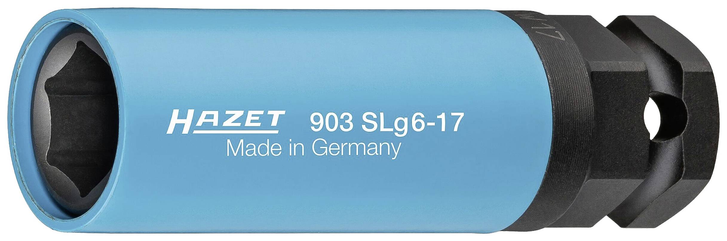 Blauer Hazet 903 SLg6-17 Steckschlüssel mit schwarzer Sechskantöffnung, Aufschrift "Made in Germany", Werkzeug.