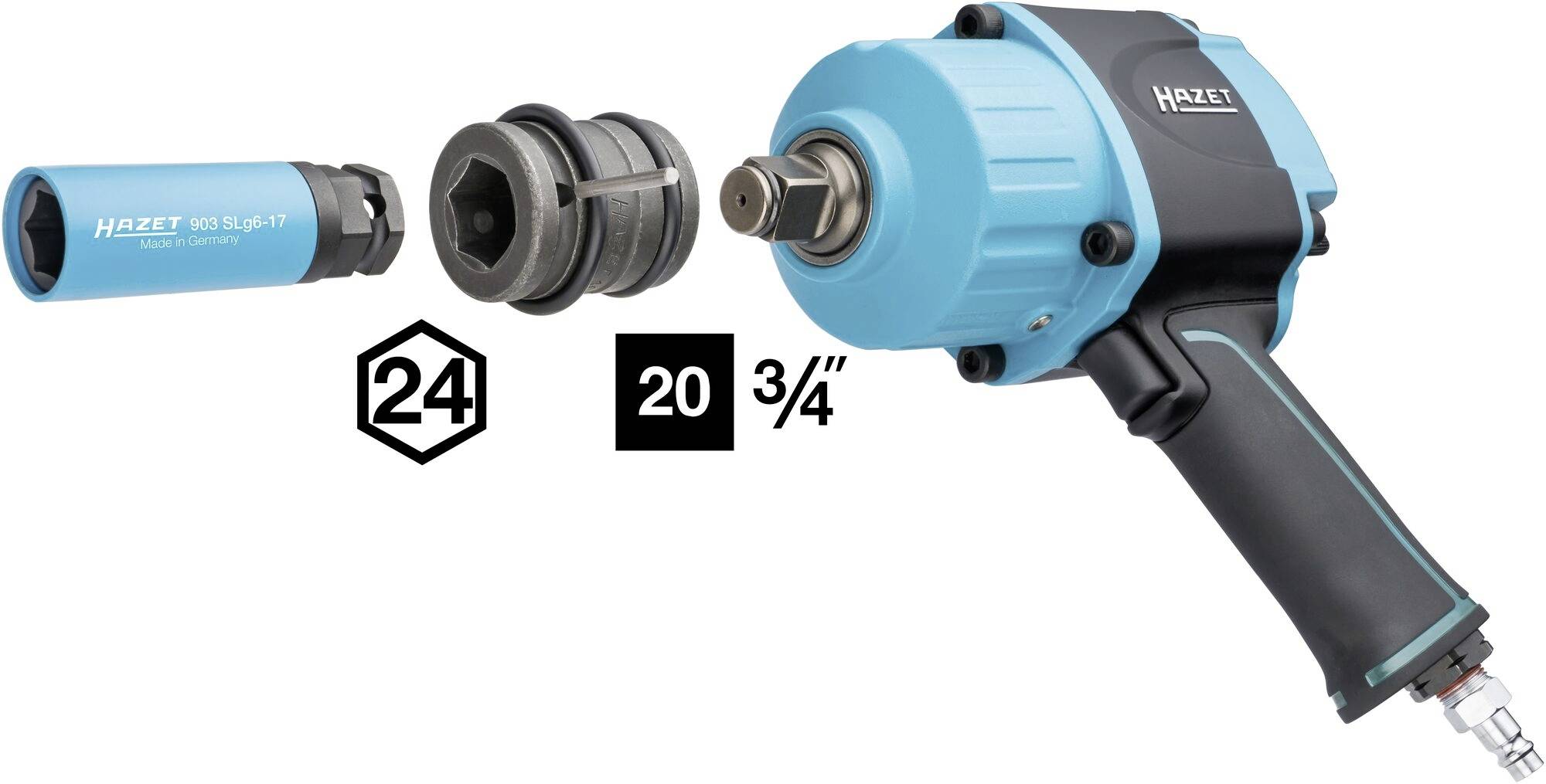 Ein hellblauer Druckluftschlagschrauber von Hazet mit passenden Stecknüssen. Die Größenangaben sind '24', '20', '3/4"'.