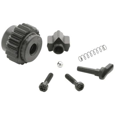 Mehrere schwarze mechanische Teile, darunter ein Zahnrad, Feder, Kugel und Schrauben. Sie könnten Teil eines komplexen Geräts sein.