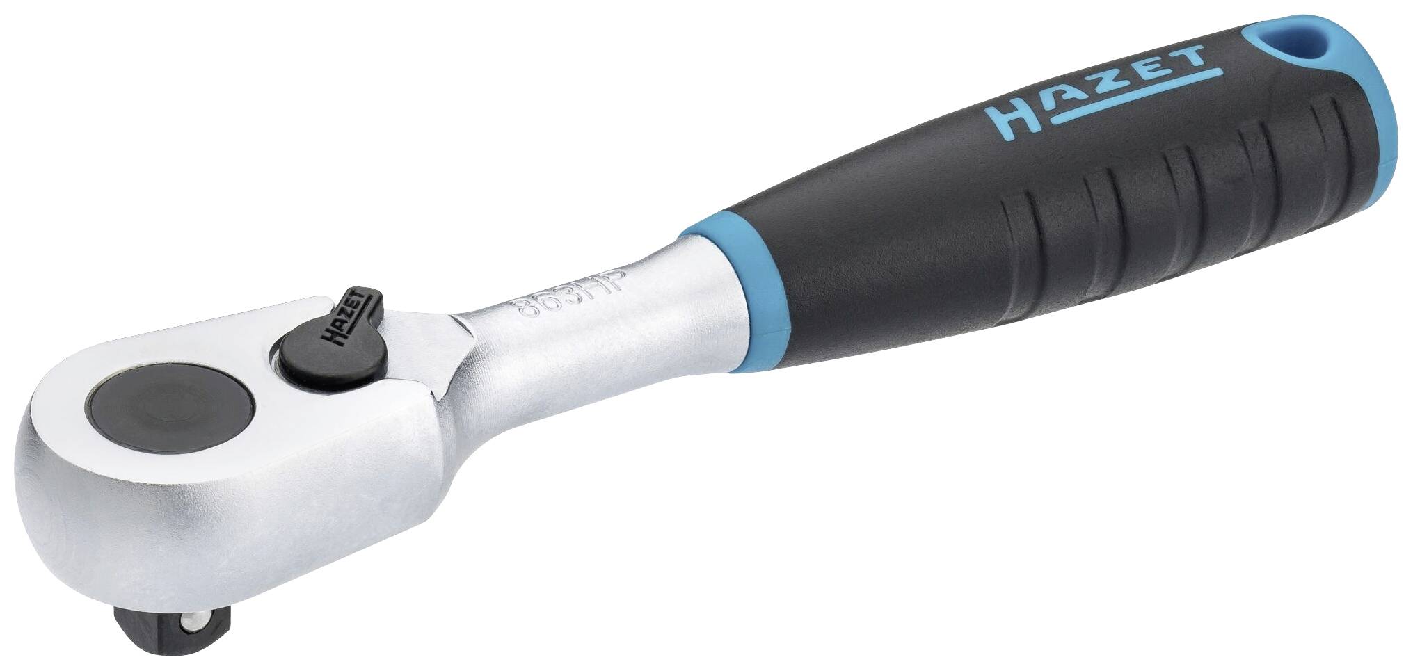 Knarren Ratsche von Hazet mit ergonomischem, schwarz-blauen Griff und silbernem Kopf; Werkzeug zur Drehmomentübertragung.
