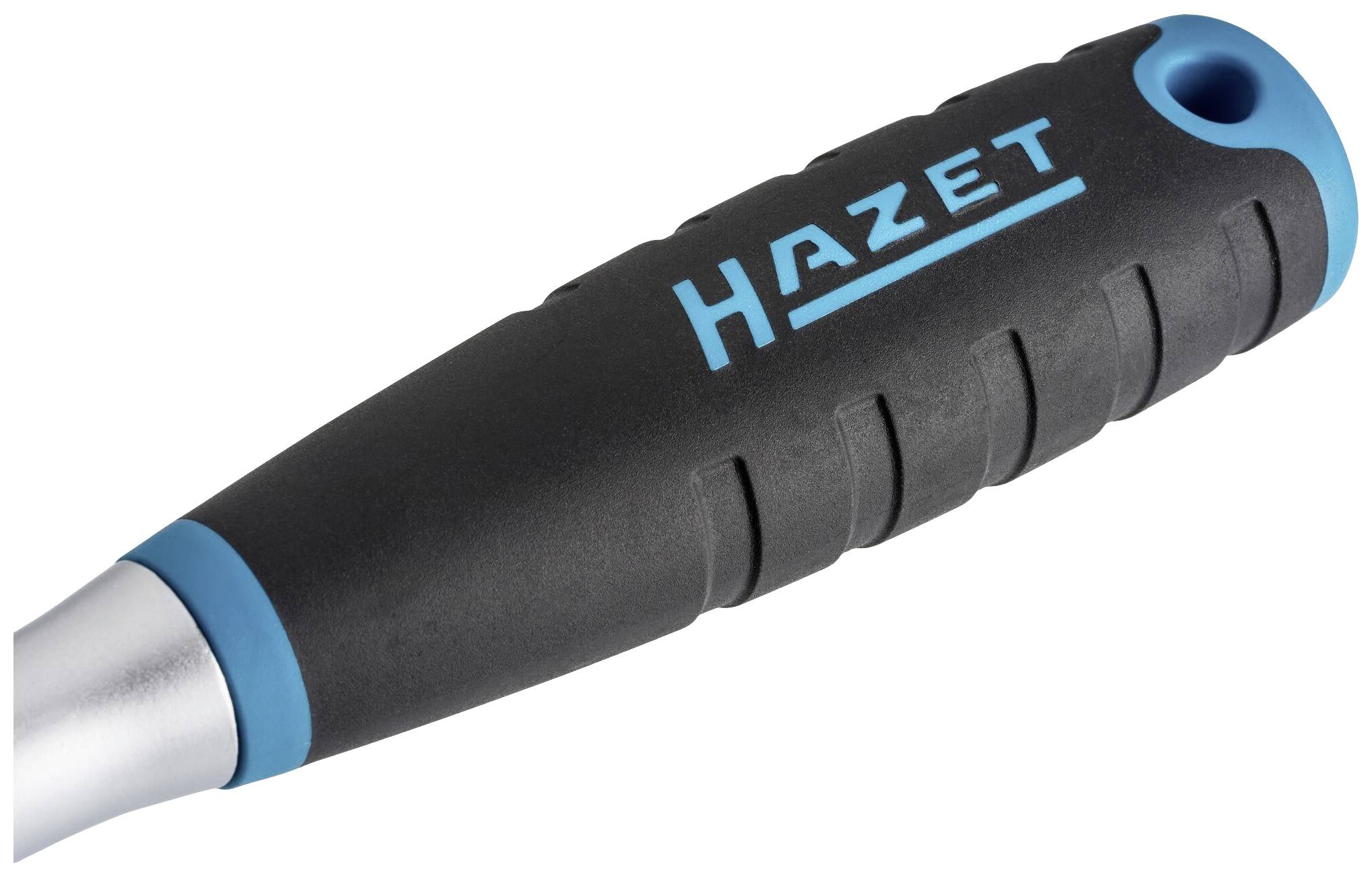 Griff eines Werkzeugs mit schwarzem gummierten Material und blauen Akzenten. Die Marke 'Hazet' ist in Blau aufgedruckt.