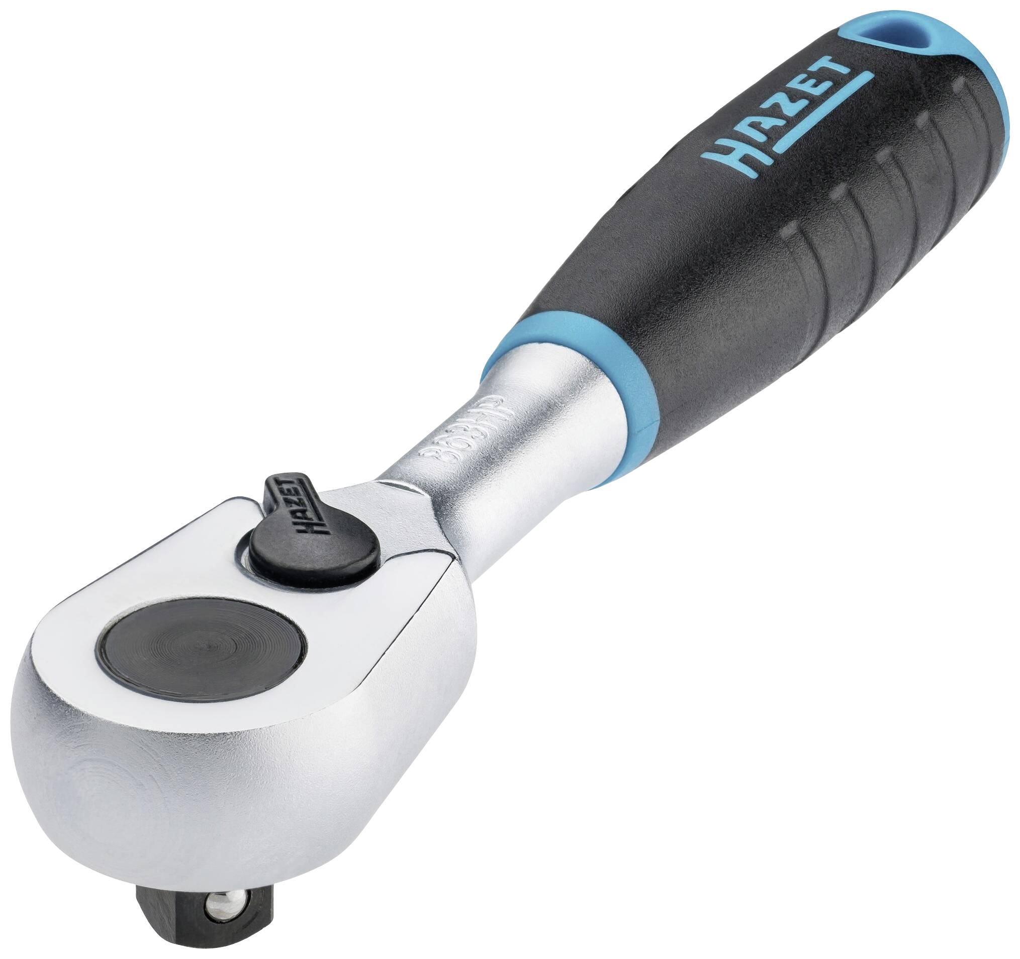 Handwerkzeug: Ratsche mit schwarzem Griff und blauem Akzent, Marke 'Hazet'.