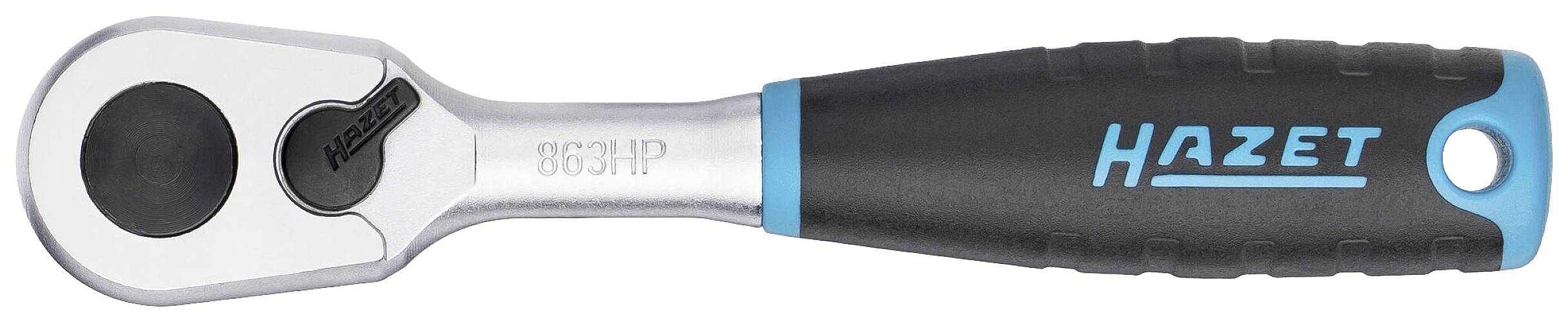 Eine Hazet Ratsche mit schwarzem Griff und blauen Details, Modellnummer 863HP. Ideal für präzises Schrauben in Werkstätten.