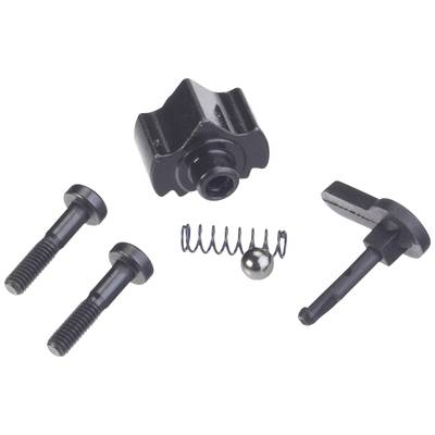 Abgebildet sind zwei Schrauben, eine Feder, eine Kugel und schwarze Kunststoffteile eines mechanischen Geräts, lose angeordnet.