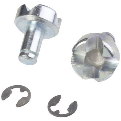 Zwei Metallstifte und Clips liegen auf einer weißen Fläche, vermutlich Ersatzteile für eine mechanische oder technische Anwendung.