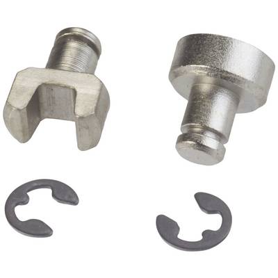 Zwei Metallstifte mit seitlichen Einkerbungen und zwei passende Sicherungsringe, geeignet für mechanische Befestigungen.