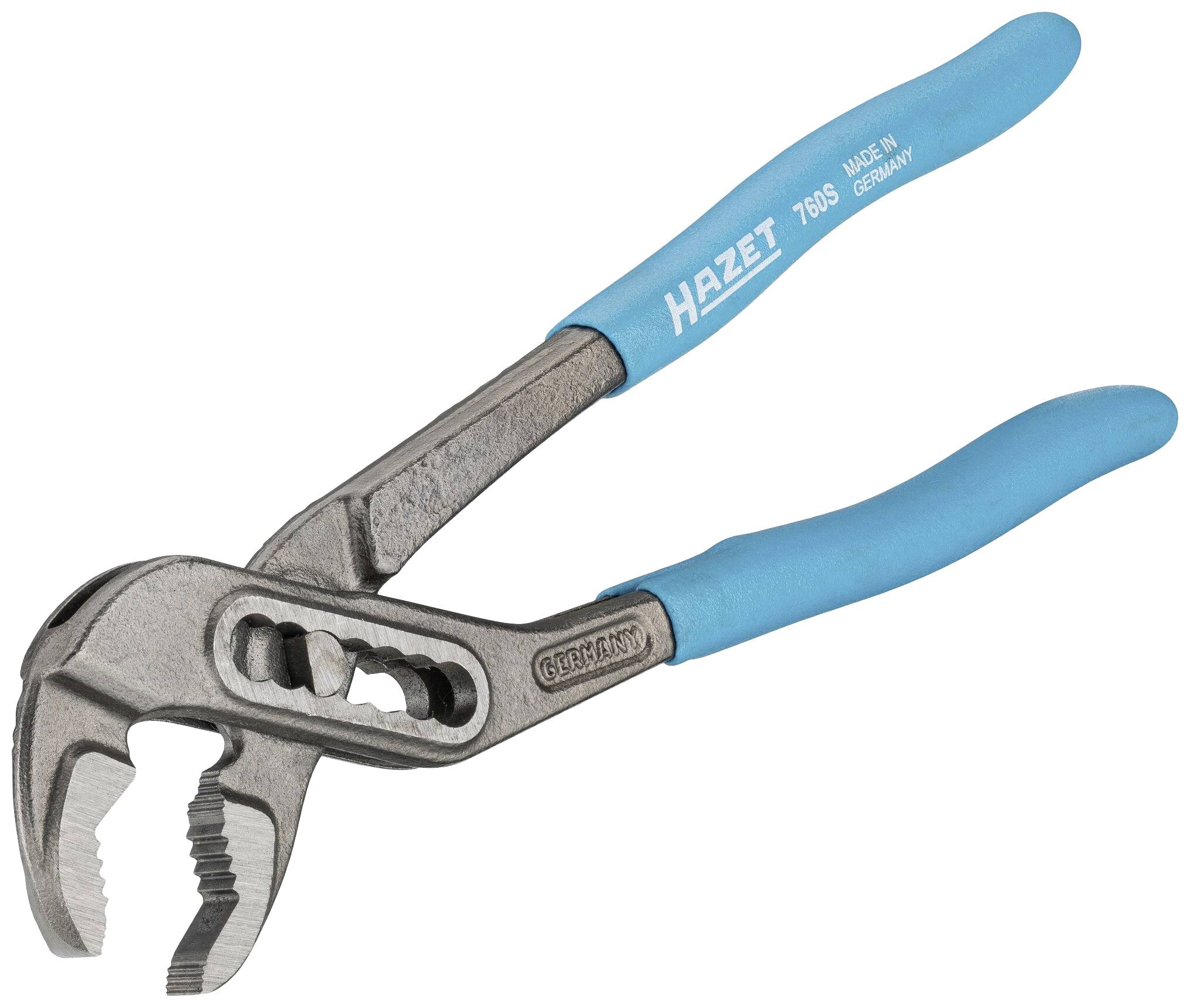 Zange mit blauem Griff und verstellbarem Maul. Auf dem Griff steht 'Hazet 760S, Made in Germany'.