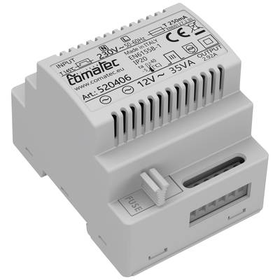 'Netzteil-Modul, Eingang 230V, Ausgang 12V/35VA, CE-gekennzeichnet, Schutzart IP20, geeignet für Hutschienenmontage.'