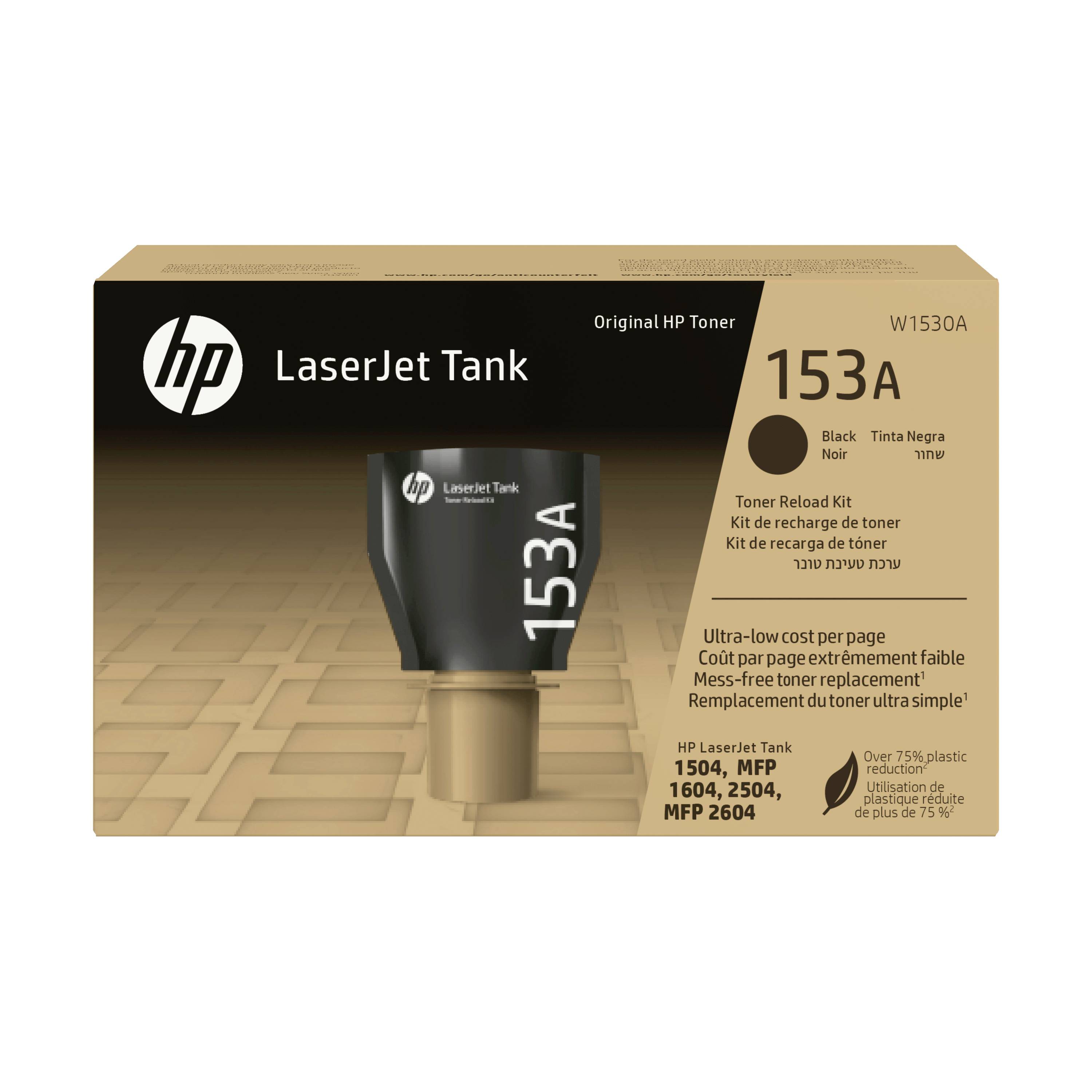 HP LaserJet Tank 153A schwarzes Original-Toner-Nachfüllkit in einer Box mit Cartridge-Verpackung und kompatiblen Druckermodellen 1504, MFP 1604, 2504, MFP 2604.