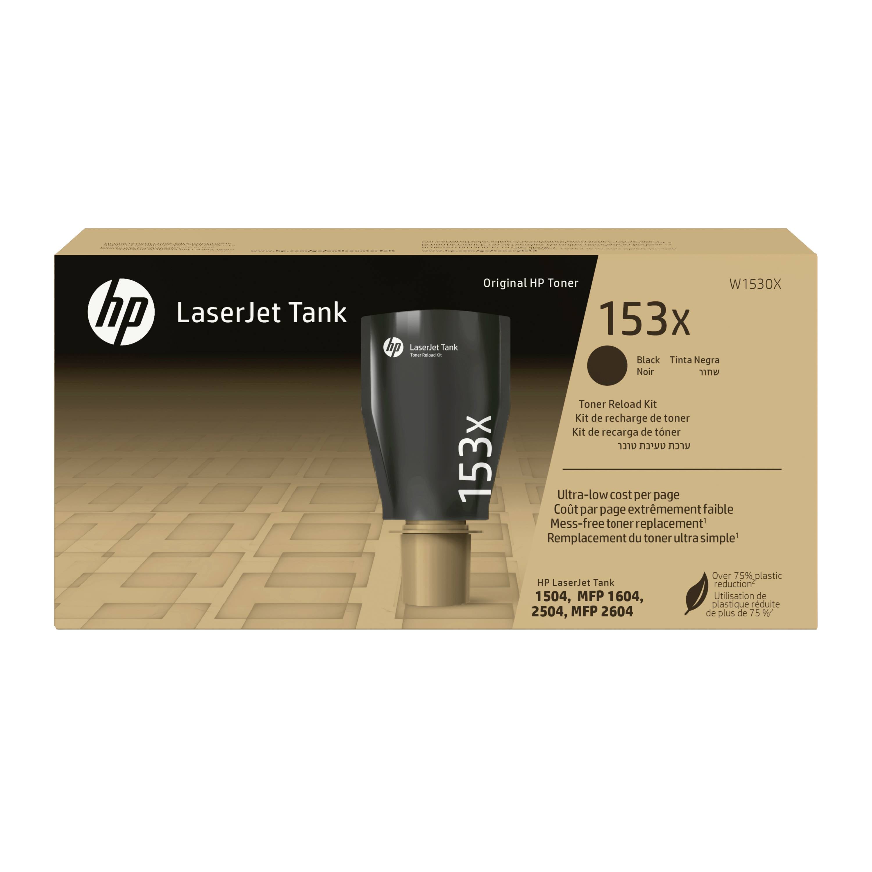 HP LaserJet Tank Original-Tonerbox, Modell 153X, zeigt eine schwarze Tonerpatrone und Kompatibilität mit LaserJet Tank-Druckern.