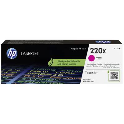 Verpackung einer HP LaserJet-Druckerpatrone, Magenta 220X. Weiße Schrift auf schwarzem Hintergrund. Hinweis auf Umweltbewusstsein.
