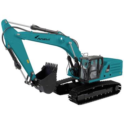 Ein blauer Bagger mit Kettenlaufwerk, angehobener Schaufel und sichtbarer Fahrerkabine.