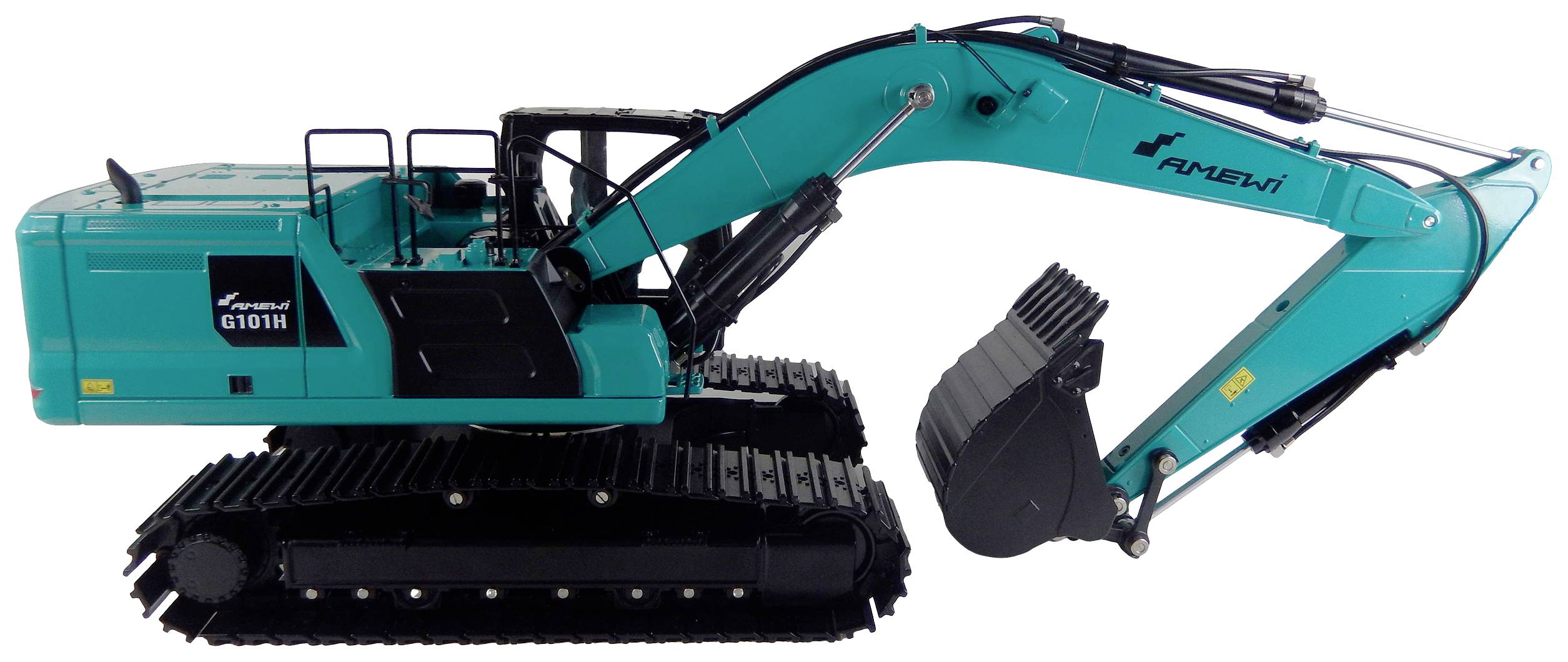 Bagger in Seitenansicht zeigt blauen Ausleger und Schaufel. Markenname 'KOBELCO' und Modell 'SK100N' auf der Karosserie sichtbar.