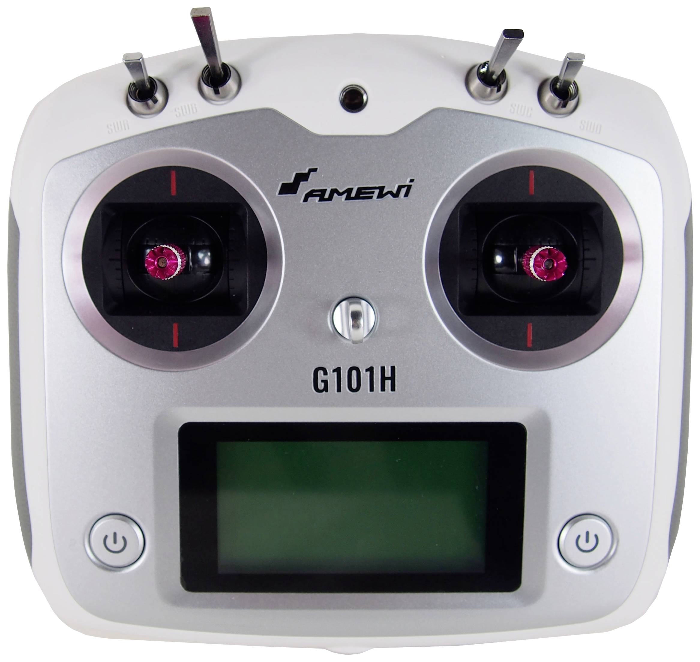 Eine silberne Fernbedienung mit zwei schwarzen Joysticks und einem Display unten, Markenname "Amewi" oben, Modell "G101H".