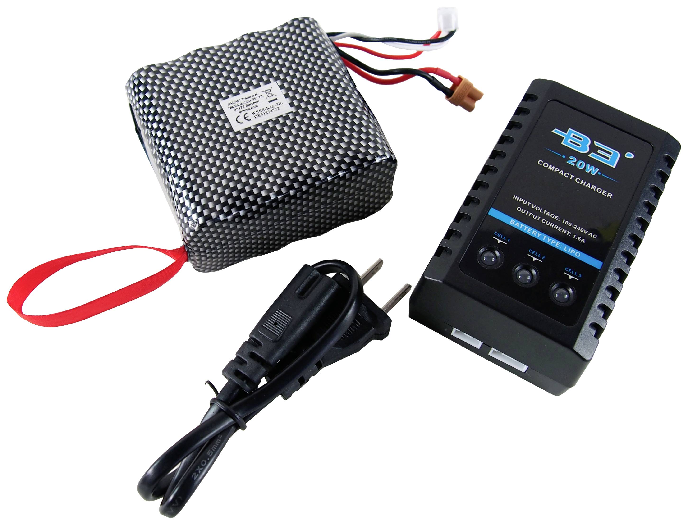 LiPo-Akku mit rotem Band, Ladegerät mit Display und schwarzem Netzkabel. Set zum Laden von Lithium-Polymer-Batterien.