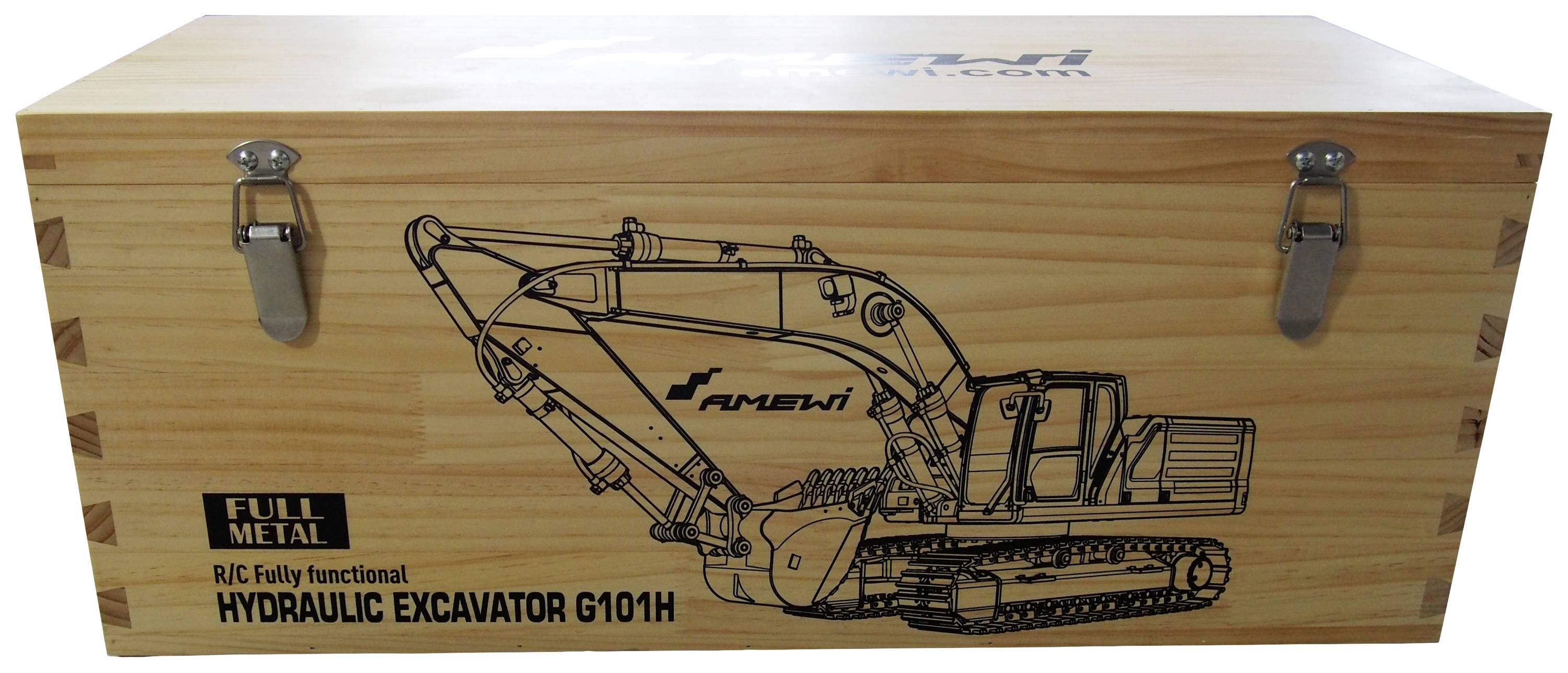 Holzkiste mit aufgedrucktem Bagger-Schema und der Aufschrift 'R/C Fully functional HYDRAULIC EXCAVATOR G101H'.