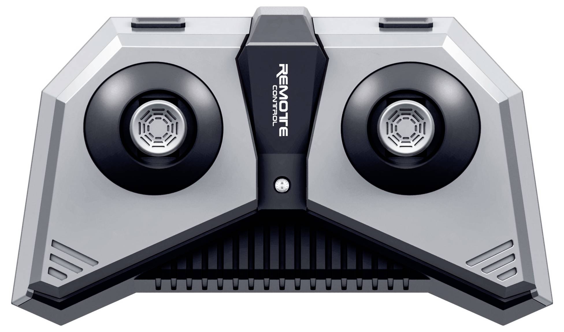 Eine futuristische Fernbedienung mit zwei großen Steuerknöpfen und dem Schriftzug 'Remote Control' in der Mitte.