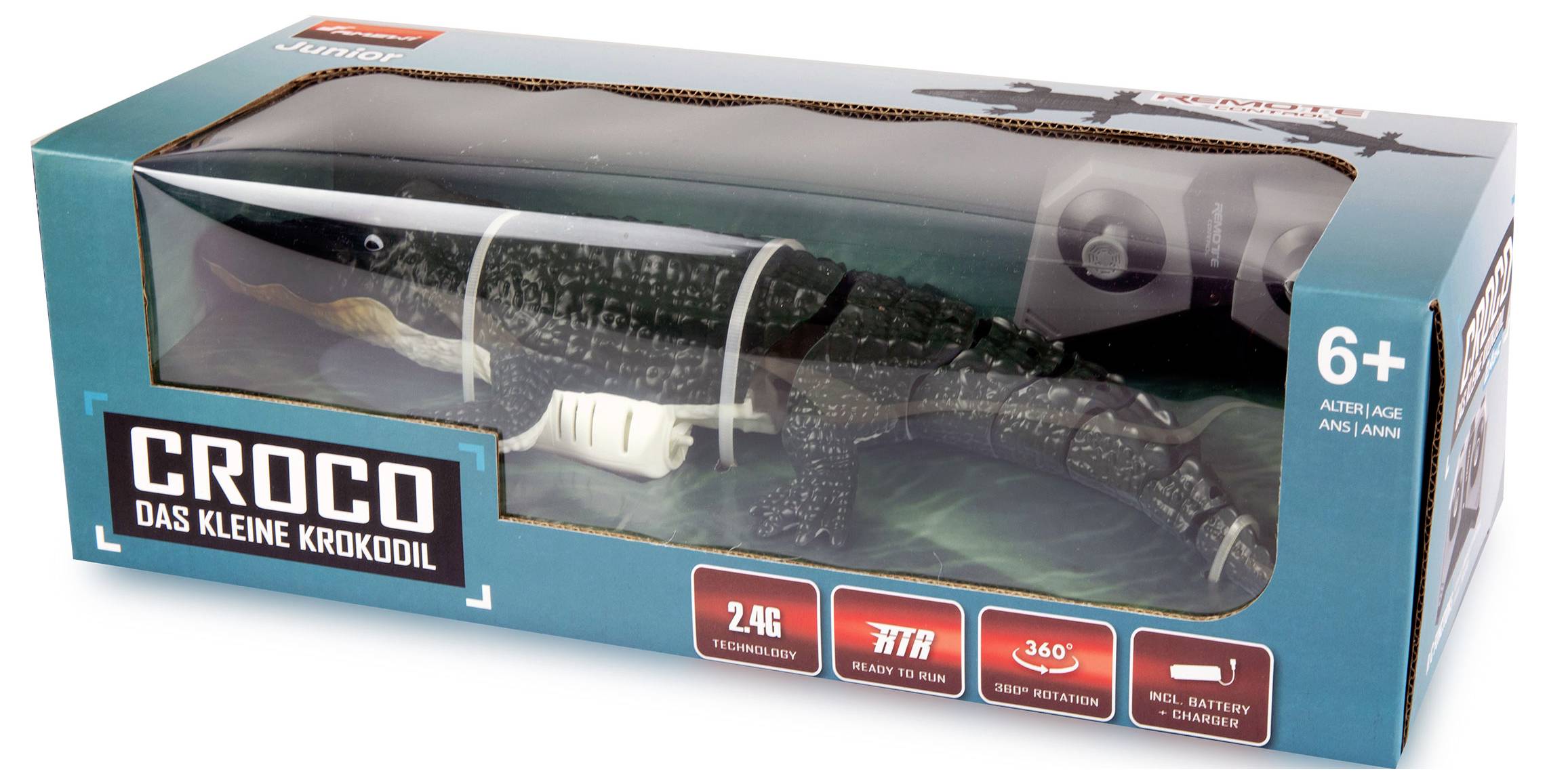 'Croco das kleine Krokodil' Spielzeug in Verpackung. Für Kinder ab 6 Jahren geeignet. Inkl. Fernsteuerung.