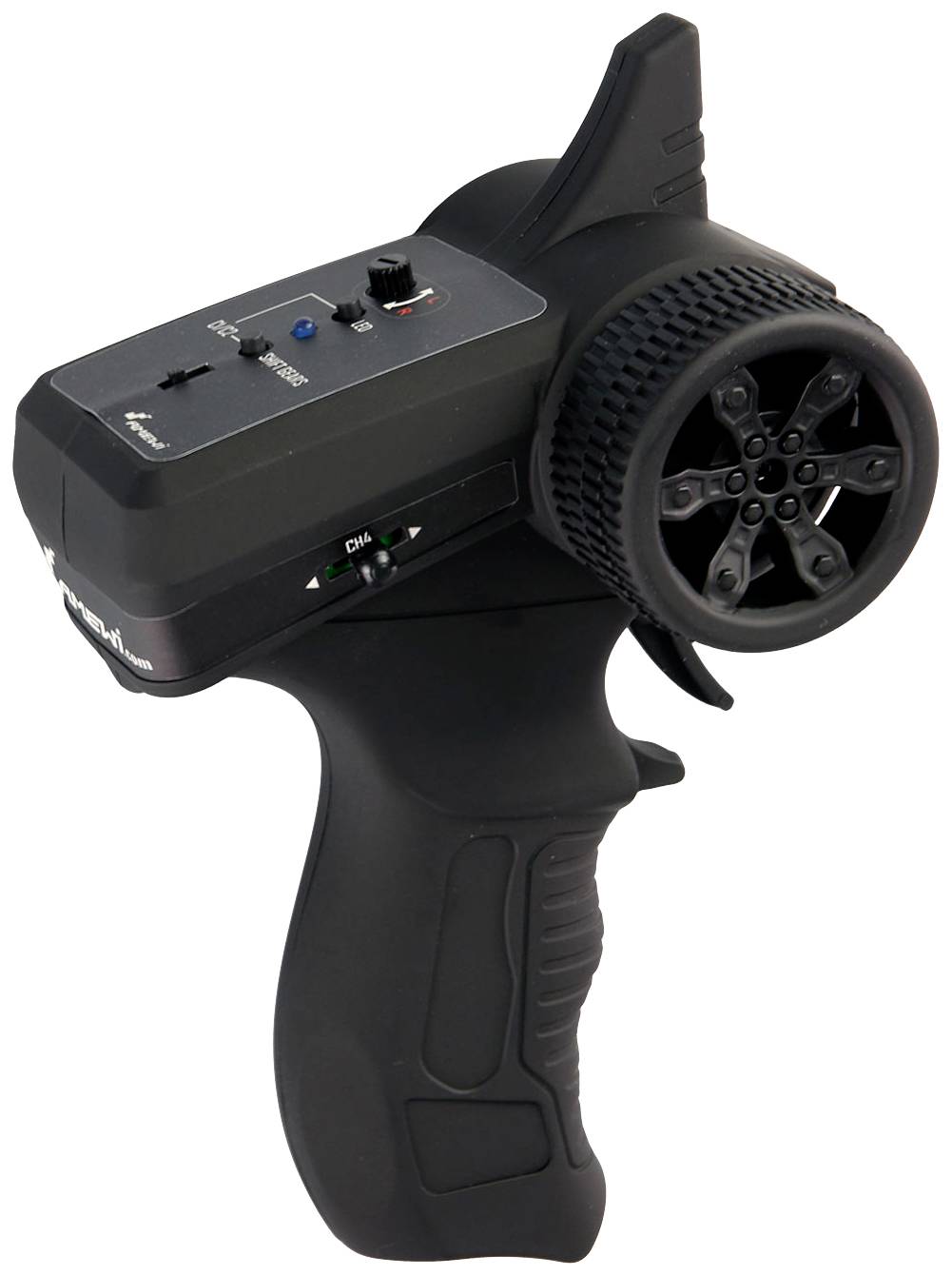 Eine schwarze Fernbedienung für ein ferngesteuertes Auto mit einem Lenkrad und Tasten zur Steuerung.