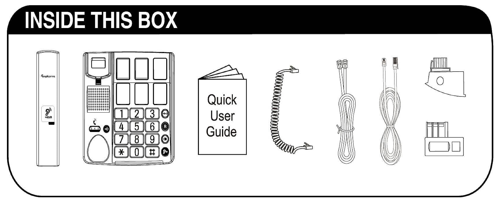 'Inside this box': Ein Telefon mit Hörer, Tastenfeld, 'Quick User Guide', Kabel, Ethernet-Kabel und Akkus.