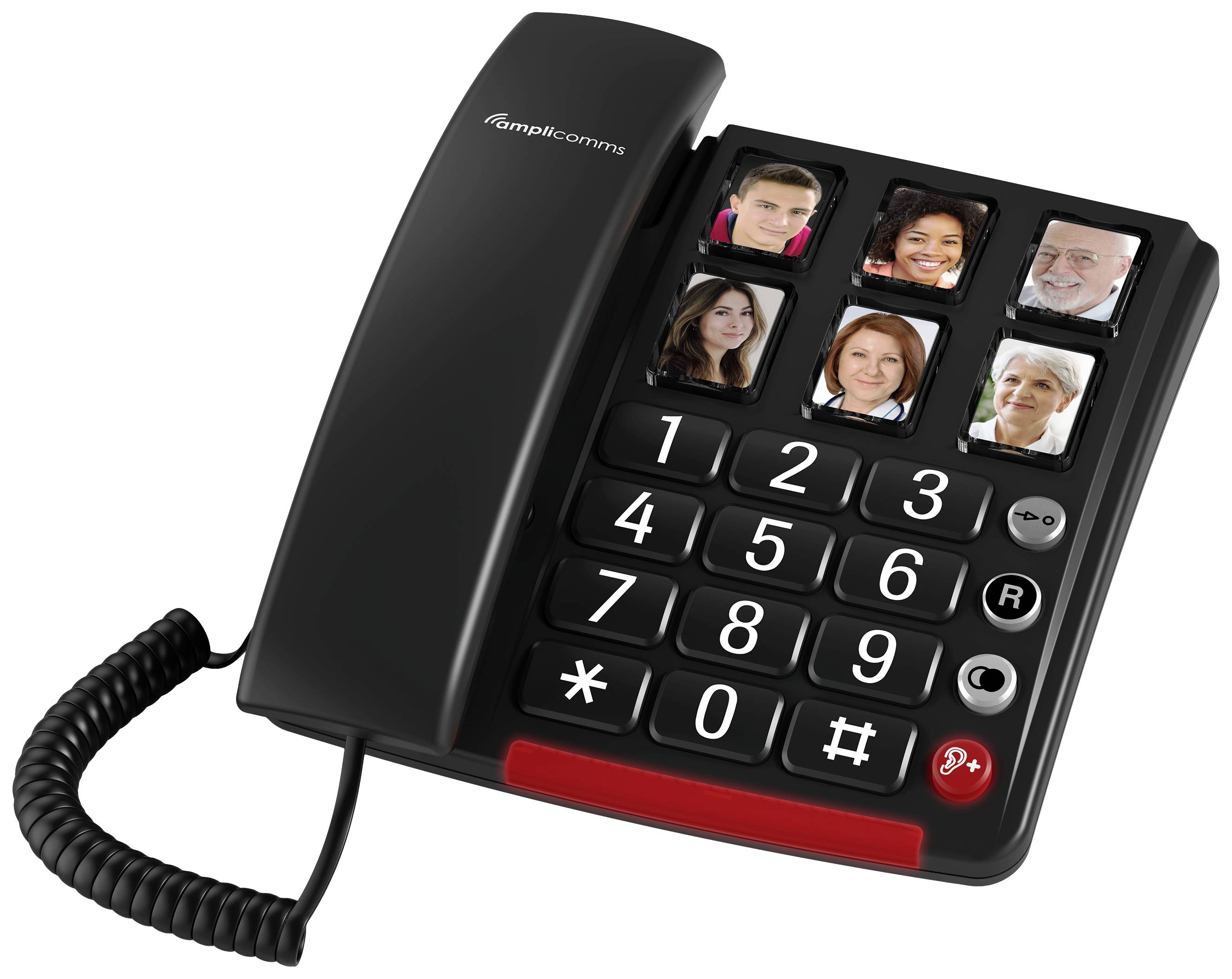 Schwarzes Tischtelefon mit großen Tasten und sechs Fototasten zur Kurzwahl oben. Jede Fototaste zeigt das Bild einer Person.