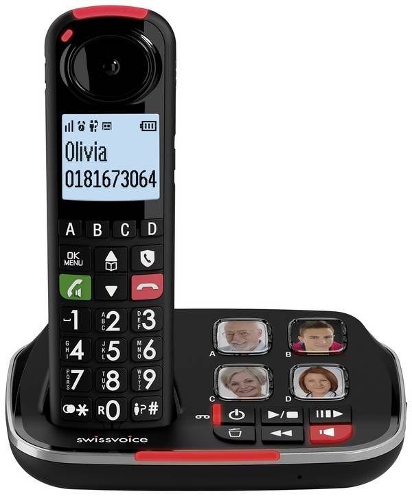 SwissVoice Xtra 2355 Schnurloses Seniorentelefon Anrufbeantworter, Foto-Tasten, Freisprechen, für Hörgeräte kompatibel, Wahlwiederholung Beleuchtetes Display Schwarz