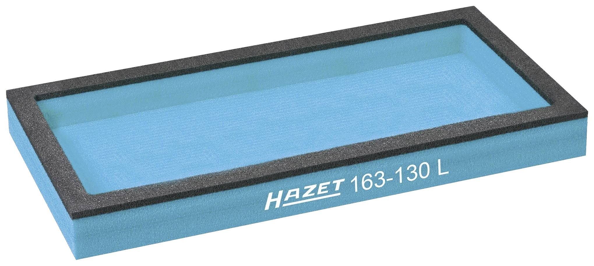 Rechteckiger, blauer Werkzeughalter mit schwarzem Rand und der Aufschrift 'Hazet 163-130 L' auf der Seite.