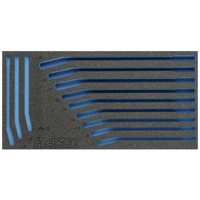 Schaumstoffeinlage mit blauen Aussparungen für Schlüssel der Marke Hazet, verschiedene Größen gekennzeichnet von 6 bis 19.