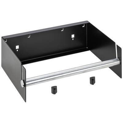 Schwarze Metallhalterung mit silberner Stange in der Mitte, zur Wandmontage geeignet. Zwei schwarze Knöpfe liegen daneben.