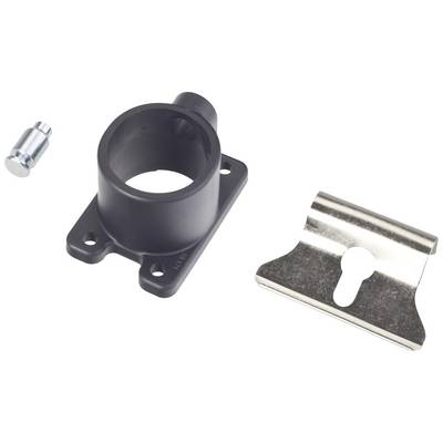 Ein schwarzes Kunststoffteil mit Schraublöchern, eine silberne Metallhalterung und ein kleiner Metallstift liegen nebeneinander auf weißem Hintergrund.