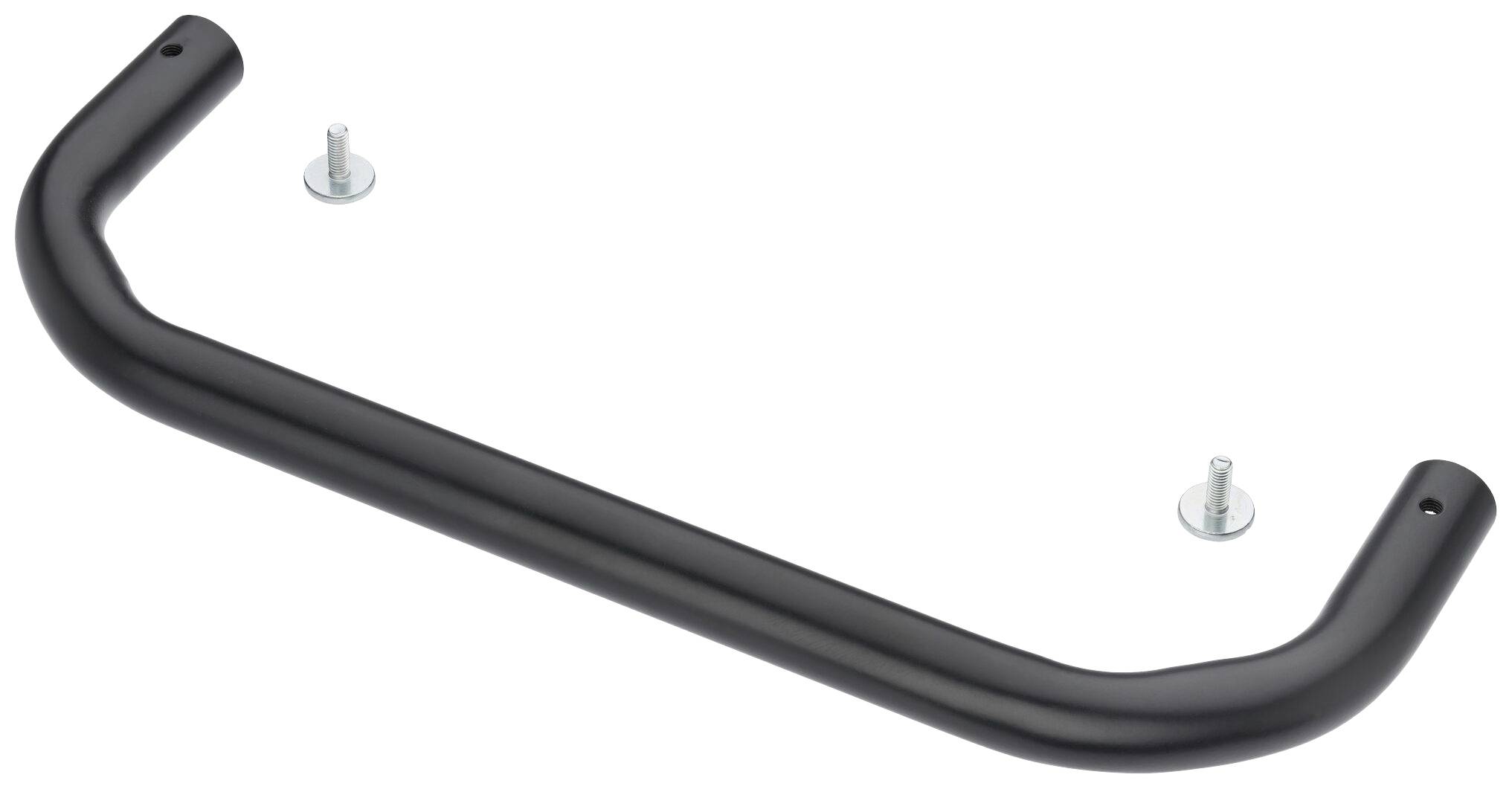 Schwarzer, gebogener Metallgriff mit zwei Schrauben, die links und rechts befestigt werden können.