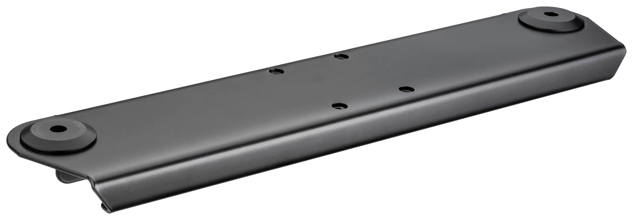 Ein schwarzes, rechteckiges Metallteil mit abgerundeten Kanten und zwei hervorstehenden Befestigungspunkten an den Enden.