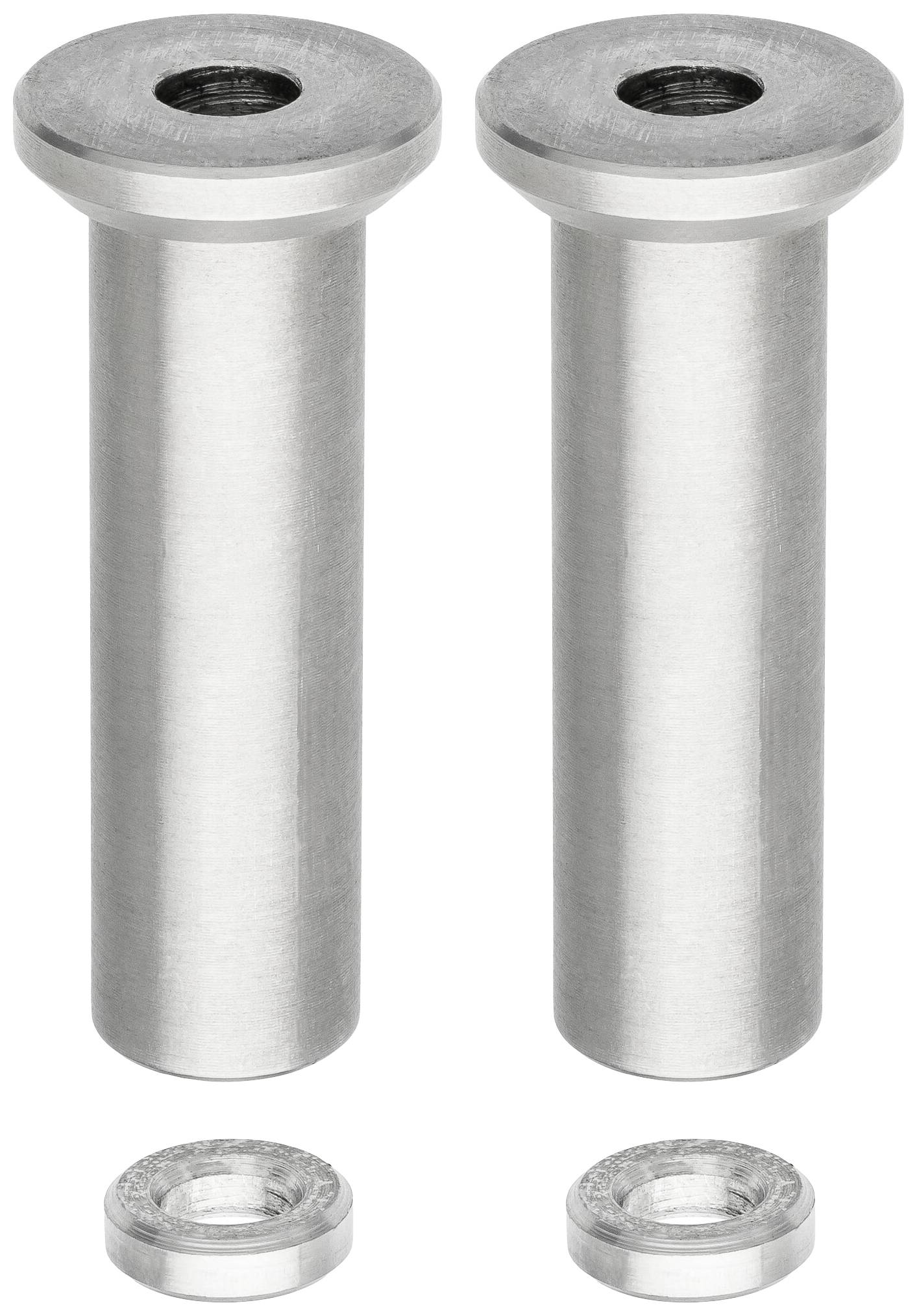 Zwei silberne, zylindrische Bolzen vertikal nebeneinander mit passenden Ringen darunter.