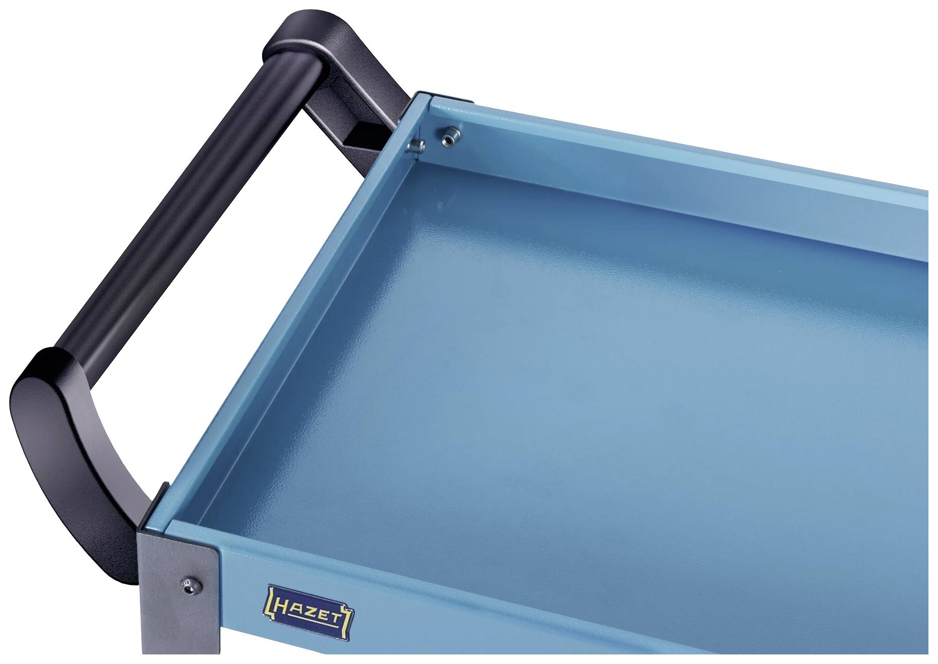 Werkstattwagen mit blauem Fach und schwarzem Griff, Markenlogo 'Hazet' im Vordergrund.