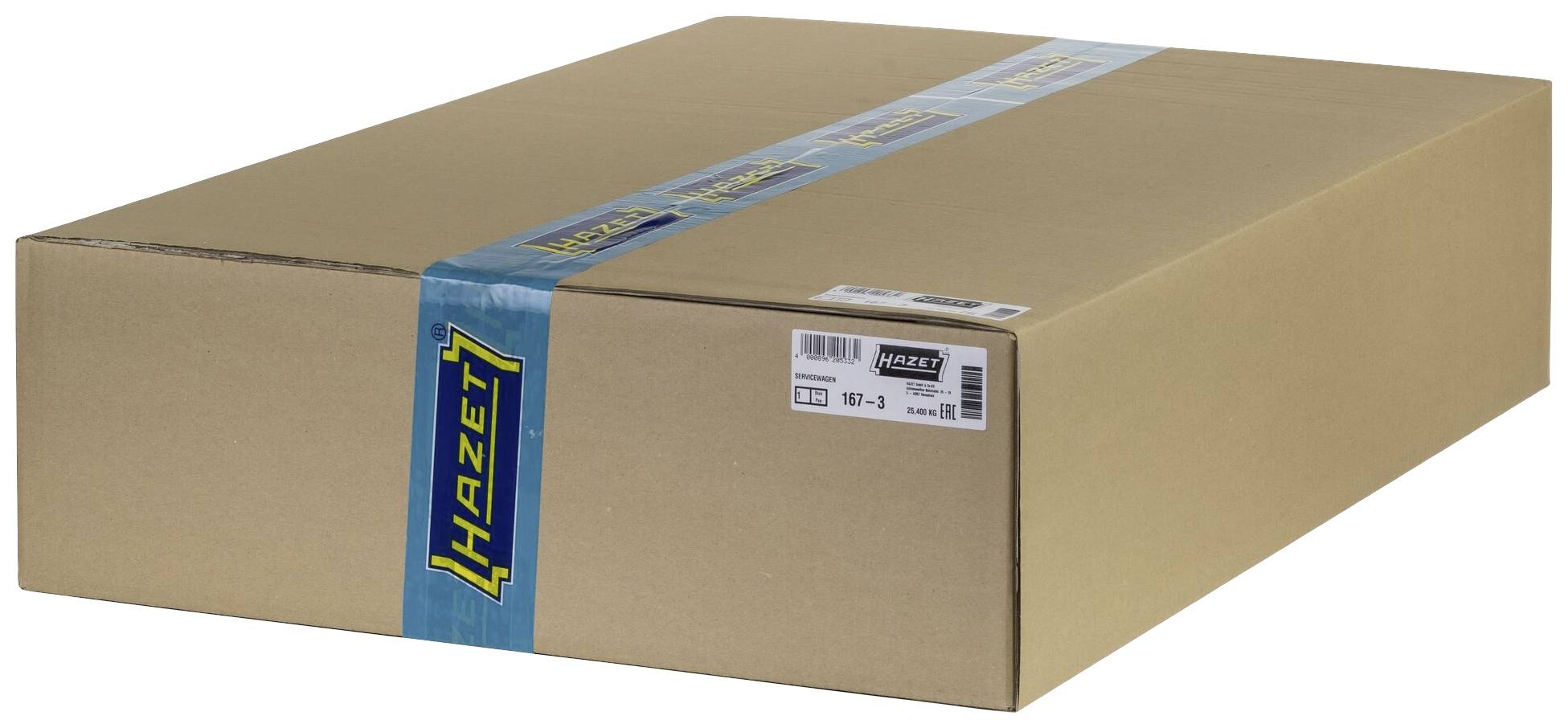 Pappkarton mit blauem Band und 'Hazet'-Logo. Verpackung ohne sichtbaren Inhalt oder Kontext.