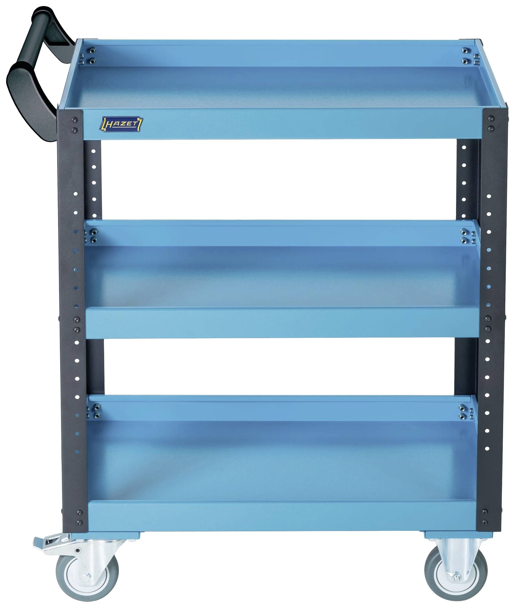 Blauer, dreistöckiger Werkstattwagen mit Griff und Rollen, geeignet zum Transport von Werkzeugen in einer Werkstattumgebung.