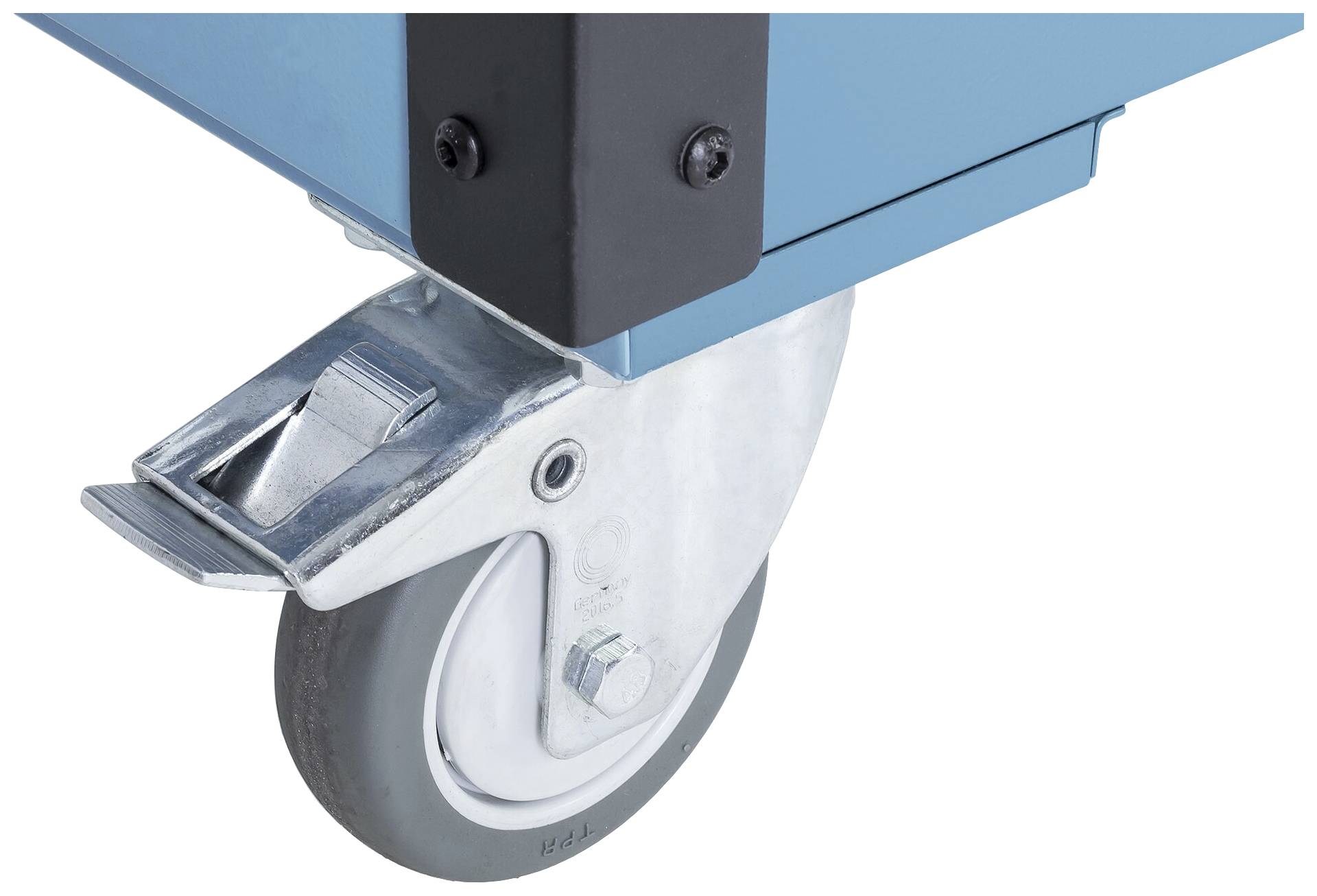 Rolle eines blauen Wagens mit Bremse, die für Mobilität und Stabilität sorgt.