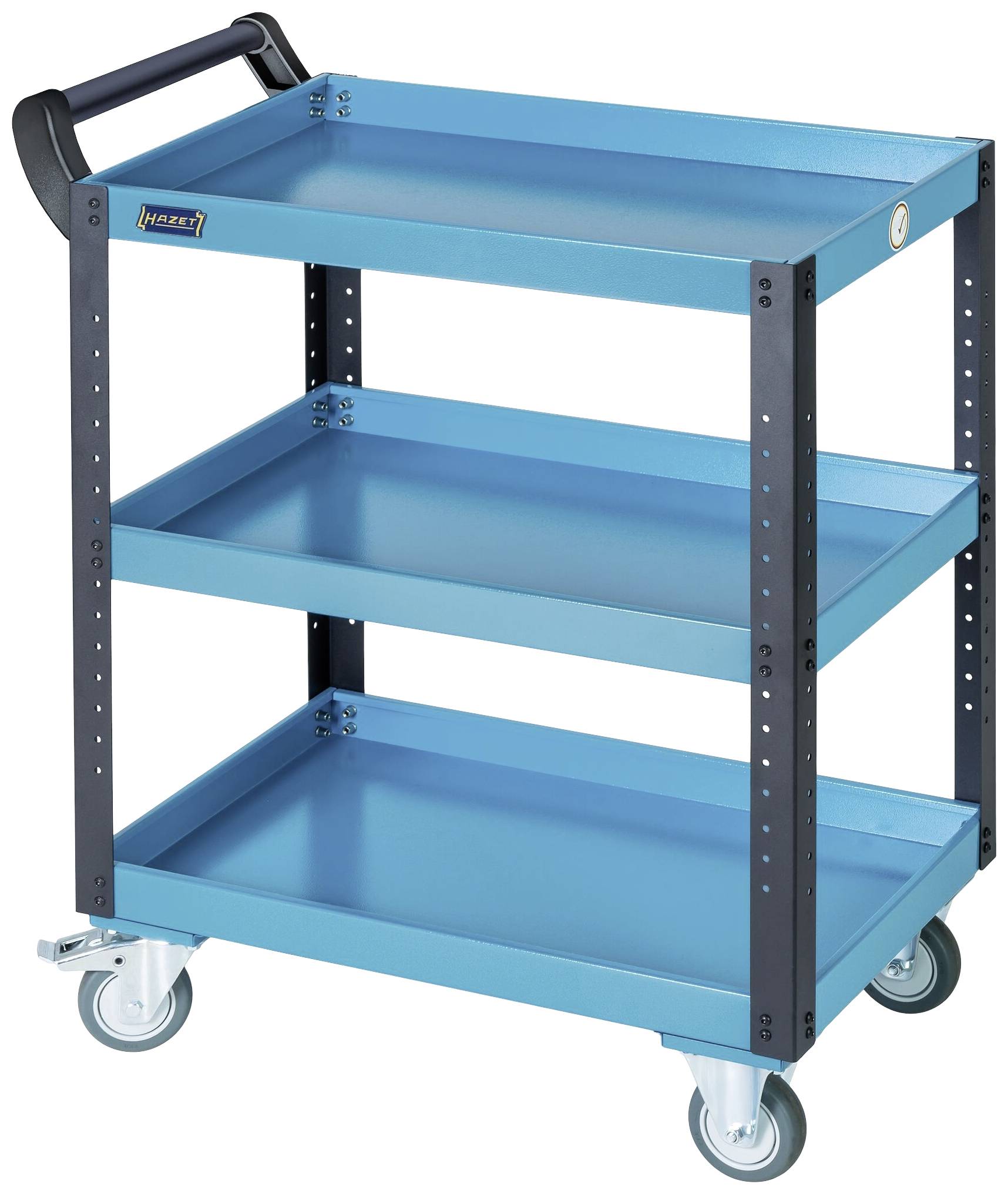 Ein blauer, dreistöckiger Werkzeugwagen mit vier Rädern und einem Griff, geeignet zur Lagerung oder zum Transport von Werkzeugen und Materialien.