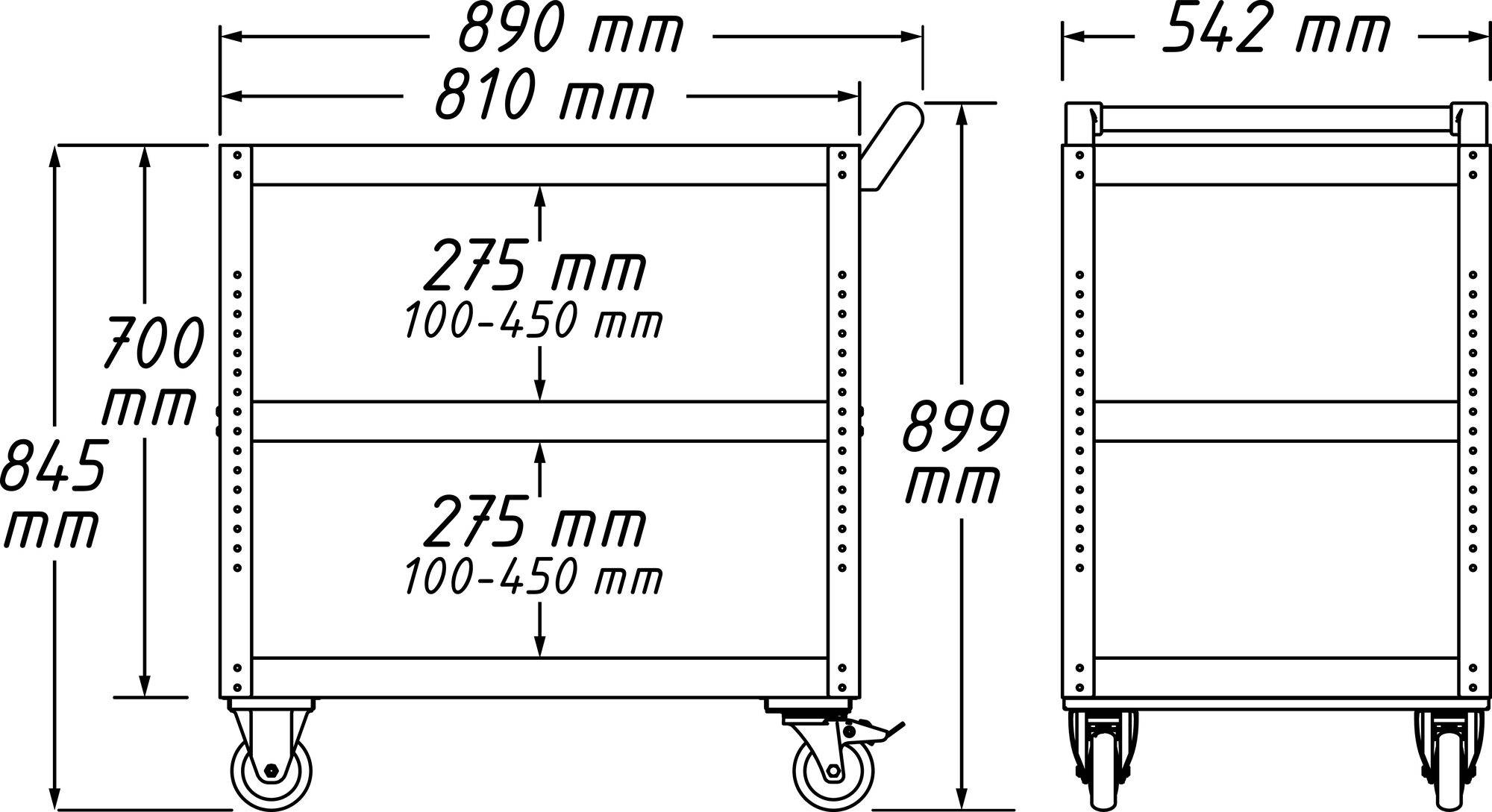 'Technische Zeichnung eines Wagens mit Rädern. Dimensionen: 890 mm, 810 mm, 542 mm Breite; 700 mm, 845 mm, 899 mm Höhe; 275 mm Regalfächer.'