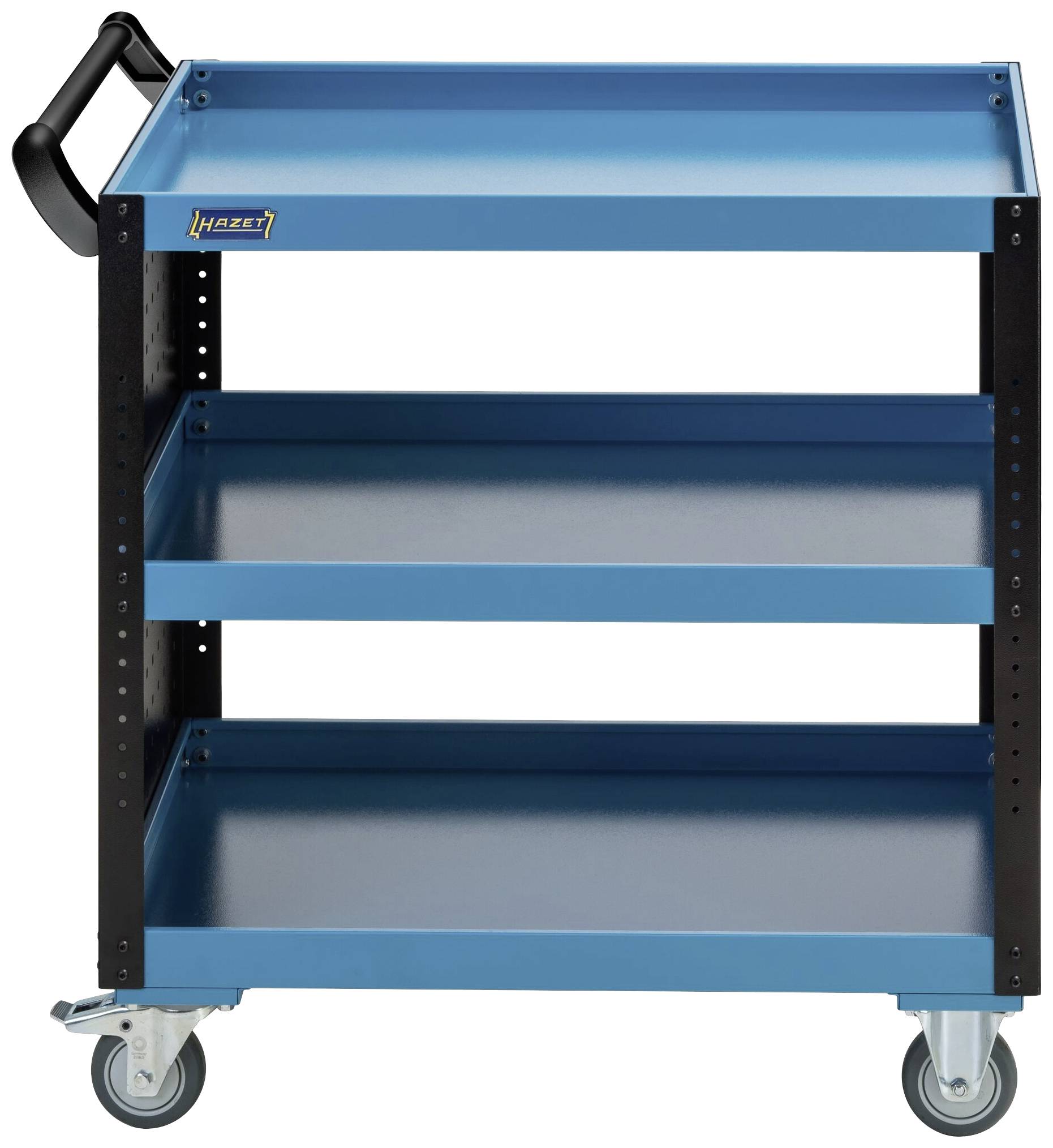 Ein dreistufiger blauer Werkstattwagen mit schwarzem Rahmen und gebremsten Rollen, ideal zum Transport von Werkzeugen und Materialien.