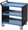 Blauer Werkstattwagen mit drei Böden und schwarzen Seitenwänden, auf Rollen für einfache Bewegung, genutzt zur Werkzeuglagerung.