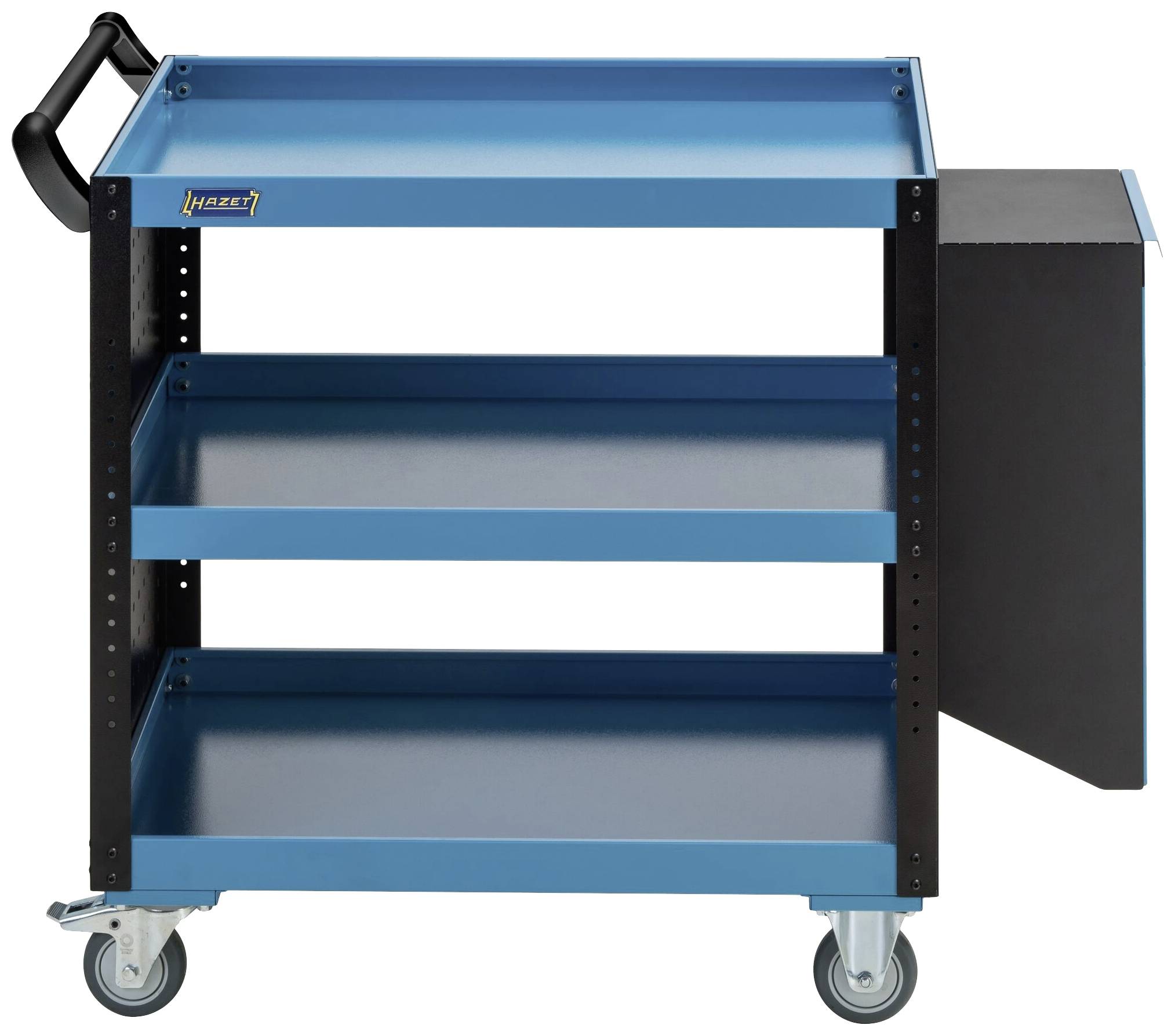 Blauer Werkzeugwagen mit drei offenen Ablagen und einem seitlichen Griff, auf Rollen.